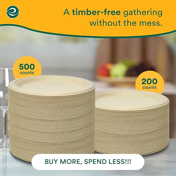 ECO SOUL Compostable Paper Plates 6 Inch (500 Count) Plates for Dessert, Heavy Duty, Eco-Friendly Sugarcane Bagasse Small Plates For Appetizer- Natural Brown