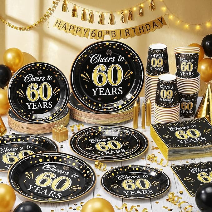 Pickmesh 250 Pcs 60th Birthday Disposable Tableware Set Black and Gold Cheers to 60 Years Disposable Paper Plates Napkins and Cups for 60th Birthday Wedding Anniversary Party Supplies Decorations