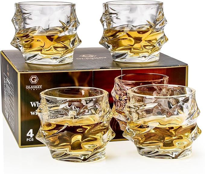 GLASKEY 12 oz Hand Blown Crystal Whiskey Glasses Set of 4, Unique Cognac Glass, Heavy Thick Bottom Bar Glass for Scotch Bourbon Rum Gin Water Cocktail,Gifts Men Gifts Ideas