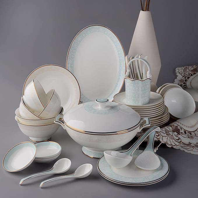 Fine Bone China Dinnerware Set,Porcelain&Ceramic Dinnerware Sets,Bone Stoneware & Ceramic Cookware Tableware Set Includes Dinner Plates|Spoons|Pasta Bowls|Soup Pot|Chopsticks (26PCS * 6-Person Set)