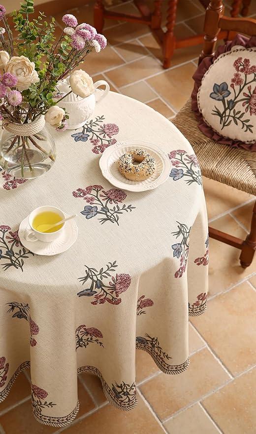 ISAENNE Designer Linen Light Beige Round Tablecloth,French Colorful Floral Table Cloth,Fall Stain Resistant Decor Tablecloths for Dining Thanksgiving Christmas Kitchen,Diameter 67"-Helena E