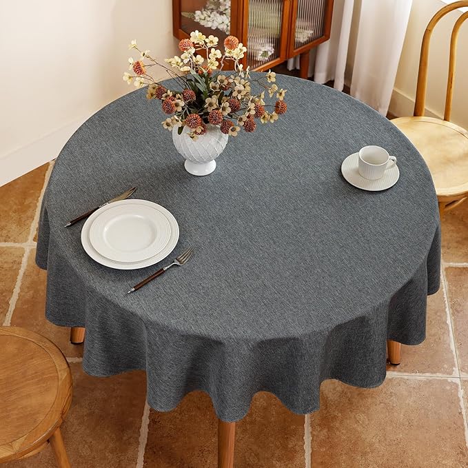 Fabric 60 Inch Grey Round Table Cloth Faux Linen Textured Stain Resistant & Reusable Circle Tablecloth Spill Proof for Dining Kitchen Patio