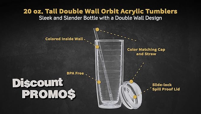 DISCOUNT PROMOS Tall Orbit Acrylic Tumblers 20 oz. Set of 10, Bulk Pack - Perfect for Iced Coffee, Soda, Other Hot & Cold Beverages - Clear
