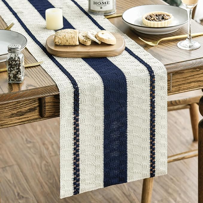 Artoid Mode Dark Blue Rustic Woven Table Runner 12x60 Inch | Holiday Farmhouse by ArtoidMode