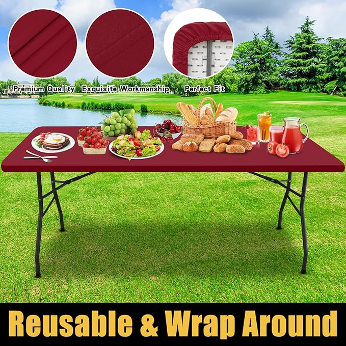 Smiry Rectangle Picnic Table Cloth, Waterproof Elastic Fitted Tablecloths for 8 Foot Tables, Washable Polyester Table Cover for Camping, Indoor and Outdoor (Wine Red, 30"x96")