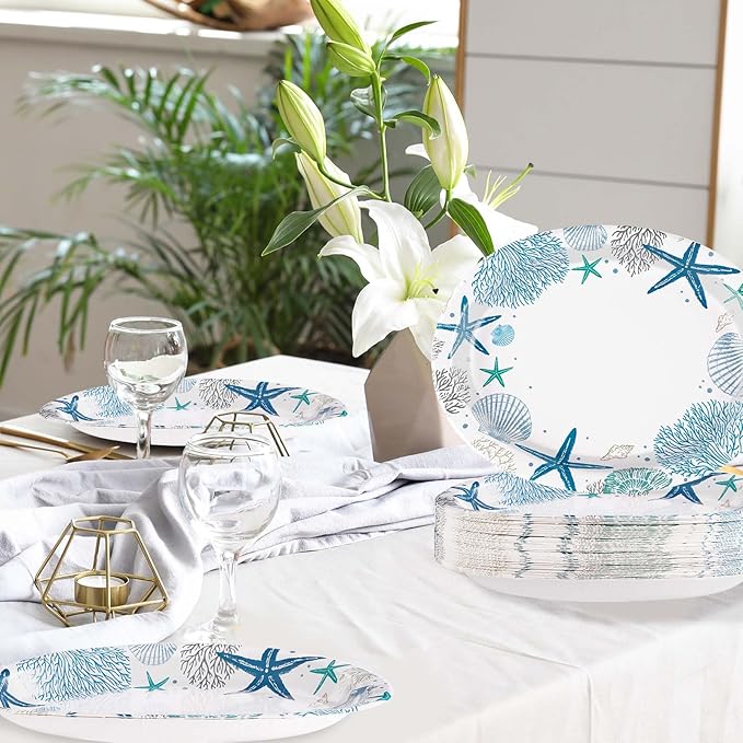50Pcs Christmas Coastal Oval Paper Plates 10" x 12" Large Disposable Heavy Duty Blue Ocean Coral Starfish Seashell Platters Beach Sea Plate for Merry Xmas Holiday Dinner Birthday Table Party Supplies