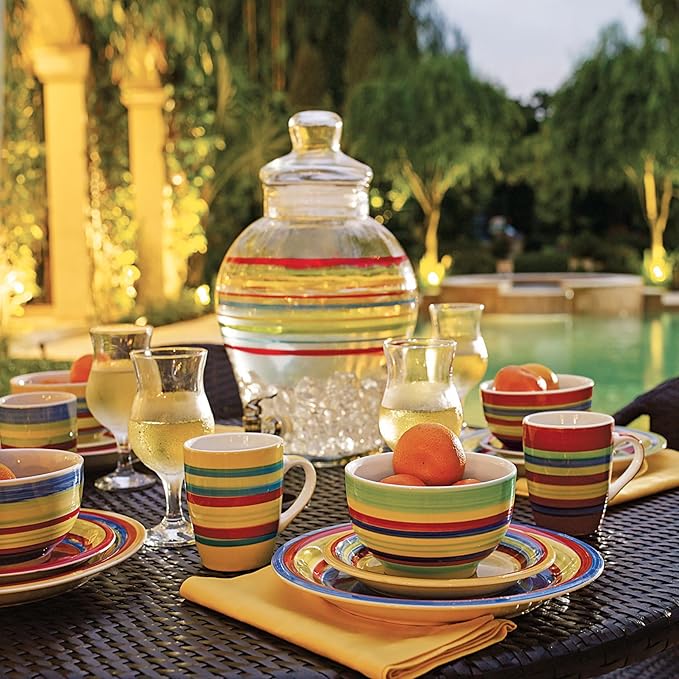 BrylaneHome 16 Piece Santa Fe Dinnerware Set (Service for 4), Includes Dinner & Salad or Dessert Plates, Bowls, Mugs, Colorful Stripe Southwestern Fiesta Pattern - Multi Stripe