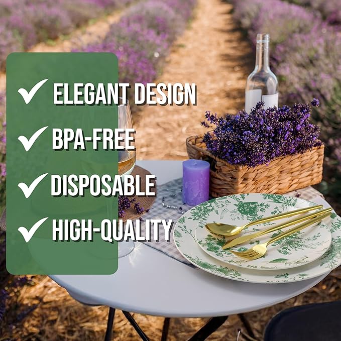 Trendables Fancy Plastic Dinnerware Sets 200 Pc Set 40 Guests Gold Silverware Disposable 40 X 10 Inch Charger Plates 40 X 8 Inch Dessert Plates 40 x Gold Plastic Forks and Spoons Knives In Verdure