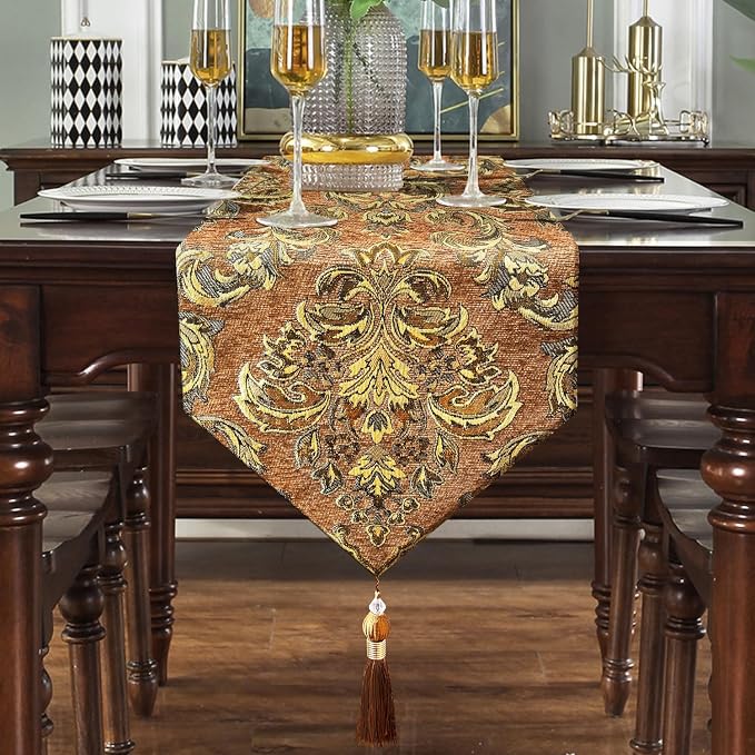 Caramel Table Runners 108 inches Long Vintage French Floral Chenille Cloths | - Image 7