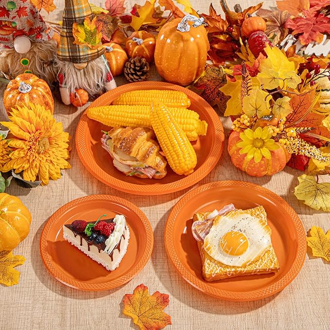 WELLIFE Orange Party Plates 7 Inch -150 Count, Disposable Plastic Dessert Plates for Party Easter Cake Appetizers Salad Picnic BBQ Wedding Engagement Birthday