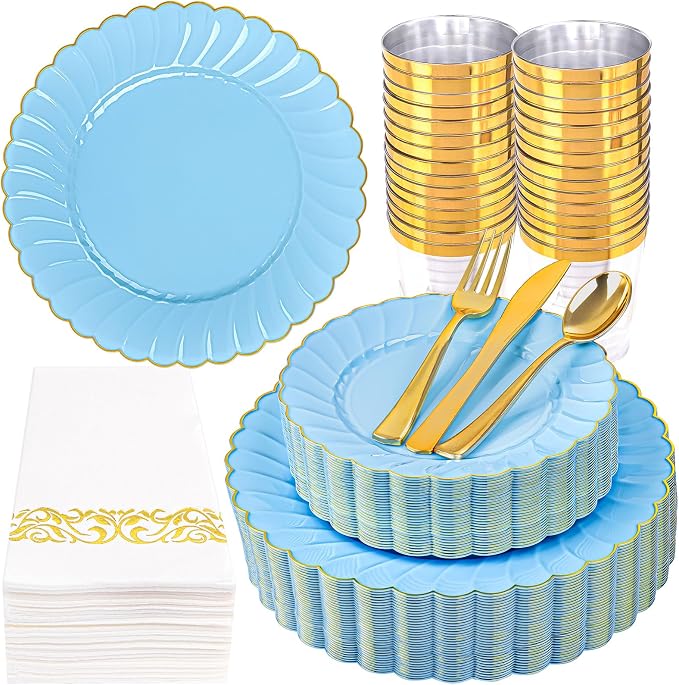 YOUBET 175PCS Light Blue Scalloped Plastic Plates by YOUBET