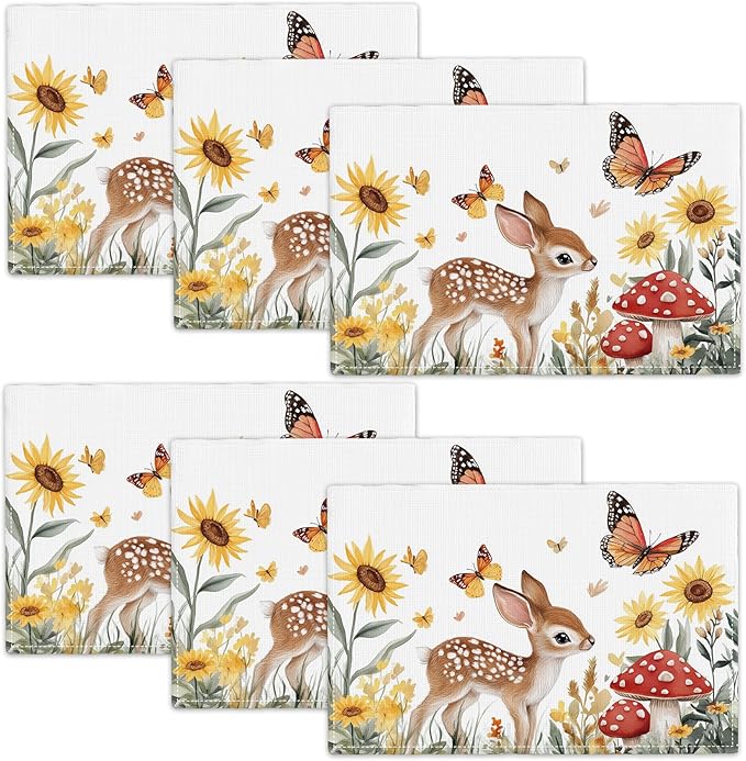 Cute Deer Placemats Set of 6, Sunflower Butterfly Place Mats, Sika Deer Waterproof Washable Table Mats for Home Party Indoor Kitchen Dining Table Decoration 12x18 Inch