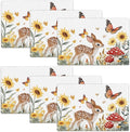 Cute Deer Placemats Set of 6, Sunflower Butterfly Place Mats, Sika Deer Waterproof Washable Table Mats for Home Party Indoor Kitchen Dining Table Decoration 12x18 Inch