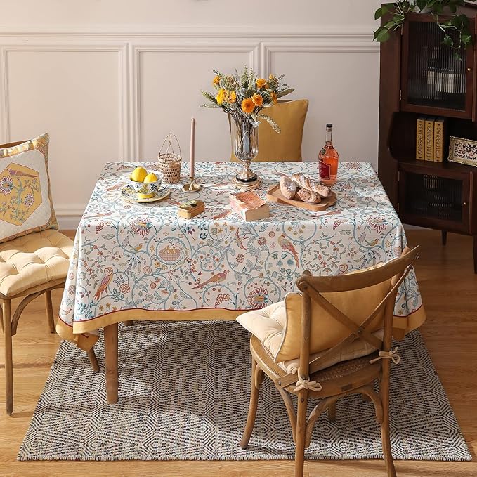 patdrea Designer Vintage French Rectangular Tablecloth,Floral Birds Pattern Linen Table Cloth,Fall Yellow Decor Table Cover for Kitchen Dining Banquet,Christmas,Thanksgiving,63"x87"-Magnolia