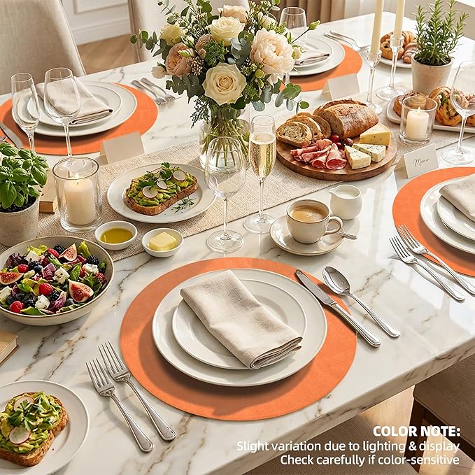 15 inch Faux Leather Round Placemats Set of 6 Non-Slip Washable Wipeable Table Mats, Heat Resistant Waterproof Oilproof Orange Place Mats for Kitchen, Dining, Party, Indoor, Outdoor