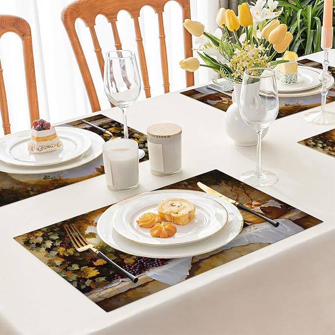 Wine Placemats Set of 6, French Country Grape Place Mats, Grapes Waterproof Washable Table Mats for Home Party Indoor Kitchen Dining Table Decoration 12x18 Inch