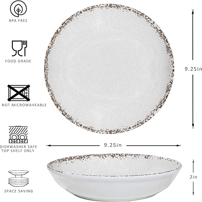 Rustic White Melamine Pasta Bowls, 6 Pack 9.25 inch Serving Bowls, Wide and - Image 5