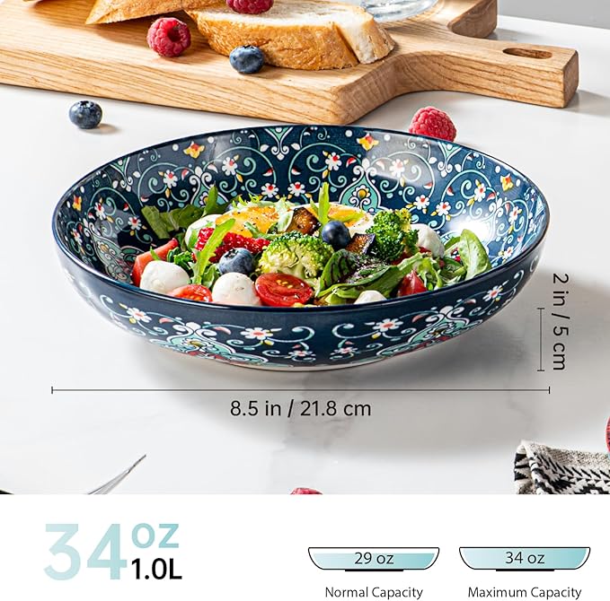 HENXFEN LEAD 33 oz Ceramic Pasta Bowls Set of 4, 8 Inch Wide & Shallow Bowls – Colorful Serving Bowls for Salad, Soup, Pasta, Microwave & Dishwasher Safe