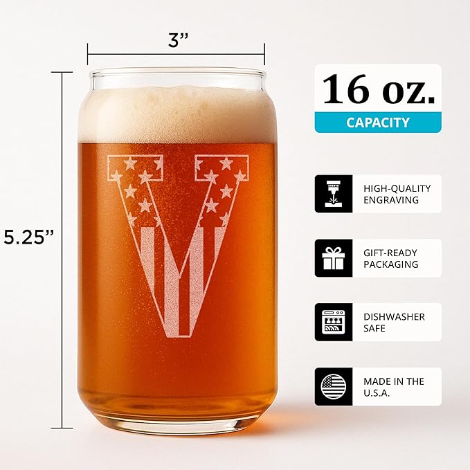 Monogram Beer Glasses for Men (A-Z) 16 oz - Beer Gifts for Men Brother Son Dad Neighbor - Unique Christmas Gifts for Him - Personalized Drinking Gift Beer Glass Mugs - Engraved Beer Can Glass (V)
