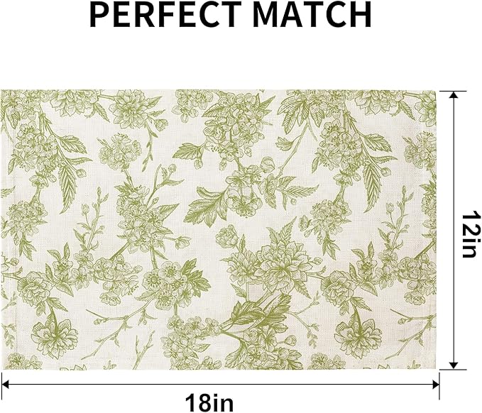 QIYI Boho Placemats Set of 4, 12x18 Inch Linen Fabric Floral Place Mats for Kitchen Dinning, Farmhouse Rustic Cloth Table Mats, Washable Placemat Party Table Décor, Green Botanical Art