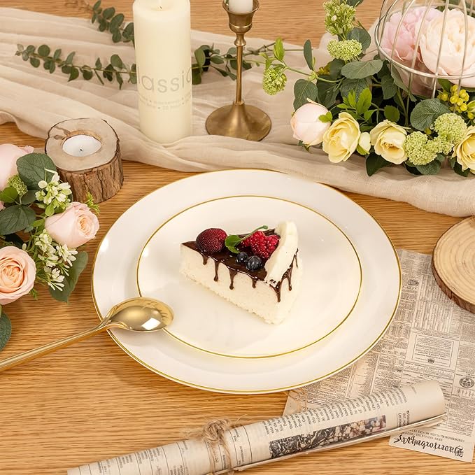 PULOTE 100PCS Ivory Plastic Plates - Cream Plastic Disposable Heavy Duty for Party & Wedding - Include 50 Each (Dinner & Dessert) Plates