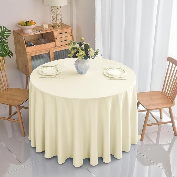 6-Pack Round 108-inch Beige Table Cloths, Solid Stain and Wrinkle Resistant Circular Tablecloth, Premium Plain Weave Polyester Fabric Table Linen Covers for Hotel, Banquet