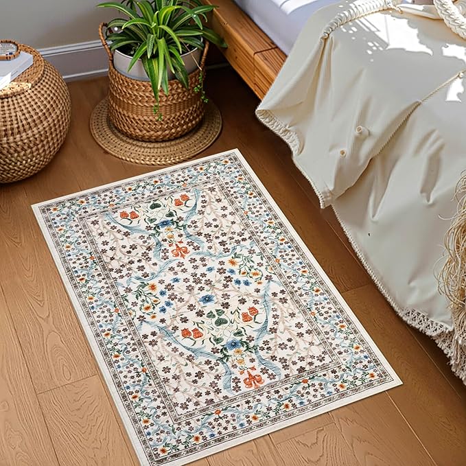 GarveeHome Floral Entryway Rug, 2x3 Washable Front Door Entry Throw Rugs Indoor, Non Slip Bathroom Small Rugs, Boho Thin Rug for Kitchen, Soft Carpet Mat for Bedroom Bathroom, Beige
