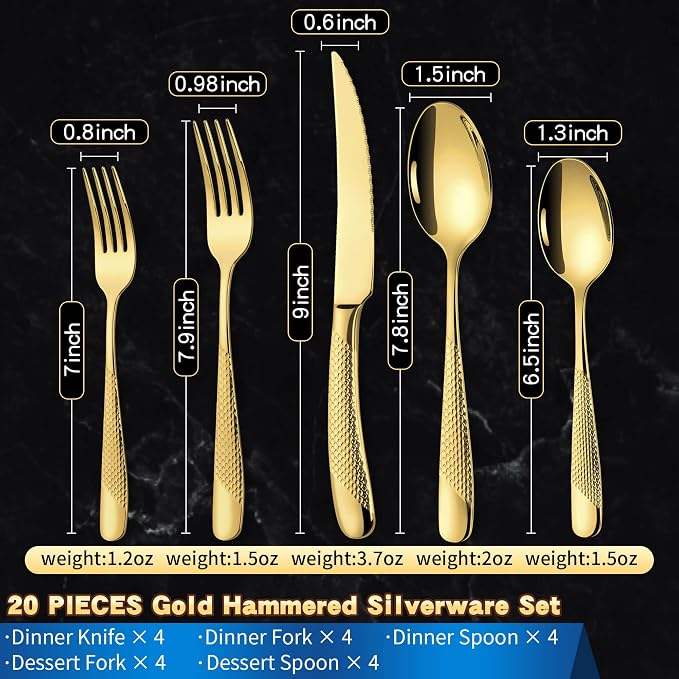 20-Piece Hammered Gold Silverware Set - Image 3