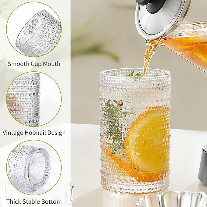 Hobnail Drinking Glasses Set of 4, 10oz Kitchen Water Glasses Cup & 12oz - Image 3