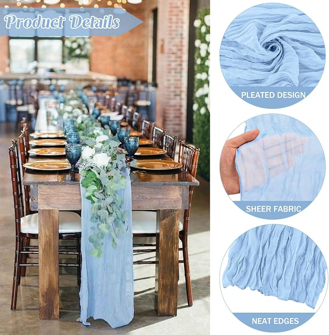 Baby Blue 10FT Cheesecloth Table Runner Boho Gauze Fabric Table Runner Rustic - Image 2