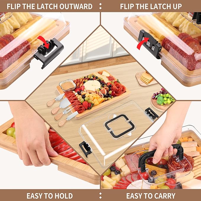 Charcuterie Board with Lid and Handle - Portable Travel Design Bamboo Cheese Board Set with 4 Cheese Tools, Gift for Housewarming, Weddings, Picnics(1 Compartment, Black)