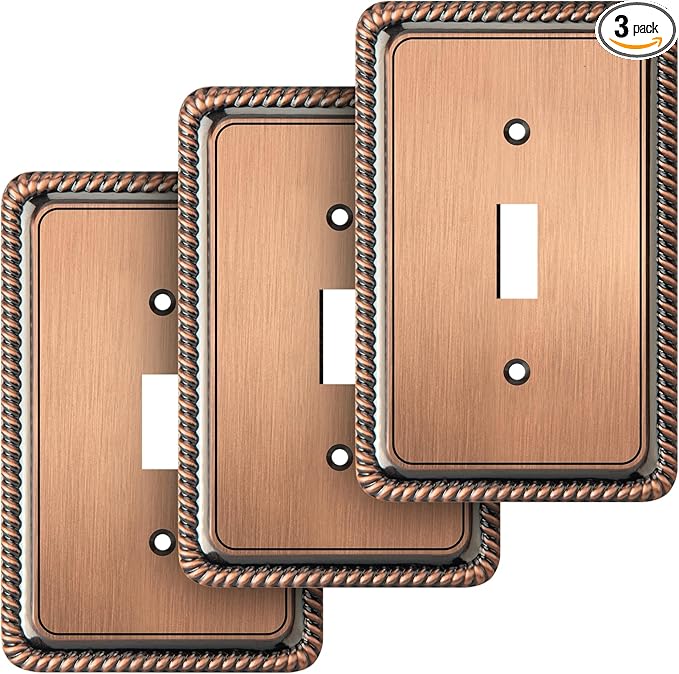 Henne Bery Rope Edge Decorative Wall Plate Switch Plate Outlet Cover (Single Toggle, 3 Pack, Antique Copper)