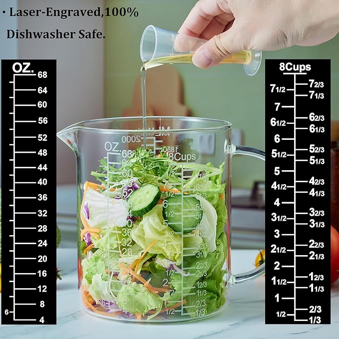 Borosilicate Glass Measuring Cup with Insulated Handle, V-Shaped Spout, Clear, 2000ml/64oz Capacity, Etched Graduation, Easy to Read