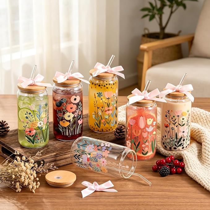 8 Set Floral Glass Cups with Lids and Straws, 16oz Flower Coffee Cup | Gifts - Image 6