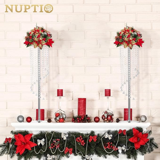 Nuptio Wedding Centerpieces Silver Vases: 10 Pcs 35.4in Tall Crystal Flower Vase Metal Flowers Stand for Party Tables Decorations - Elegant Bulk Weddings Decoration Table Chandelier Centerpiece stands
