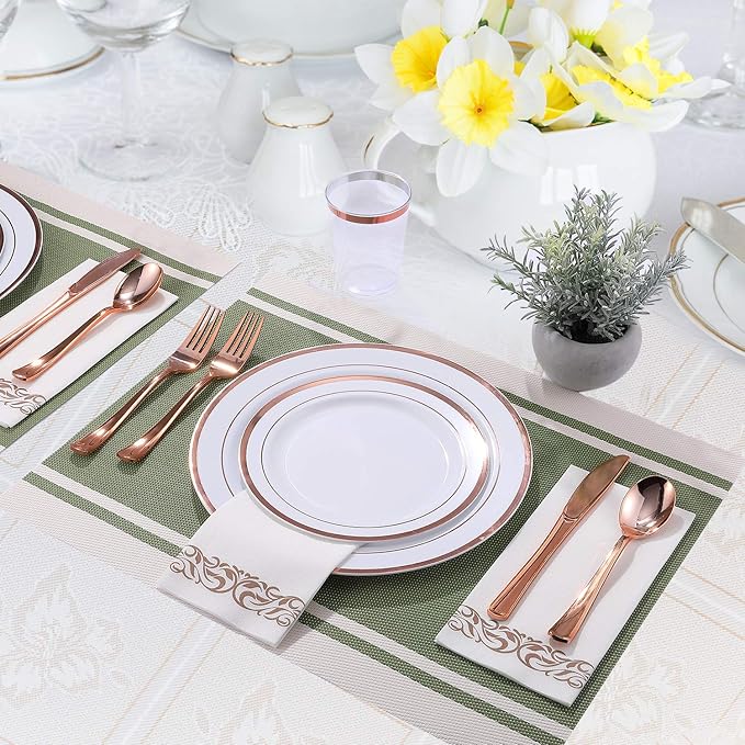 FOCUSLINE 350 Ct Disposable Dinnerware Set for 50 Guests -Heavy Duty Plastic Plates with Rose Gold Rim, Includes 50 Dinner & Salad Plates, Cups, Napkins, Cutlery Set
