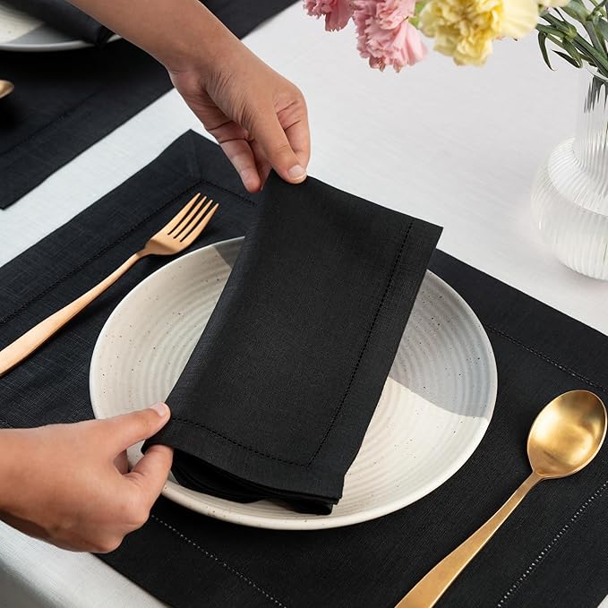 D'Moksha Homes Black Linen Napkins Set of 4 - Classic Hemstitch 100% Pure Linen Hemstitch Dinner Napkins 20 x 20 Inch for Spring, Easter - Handcrafted and Machine Washable