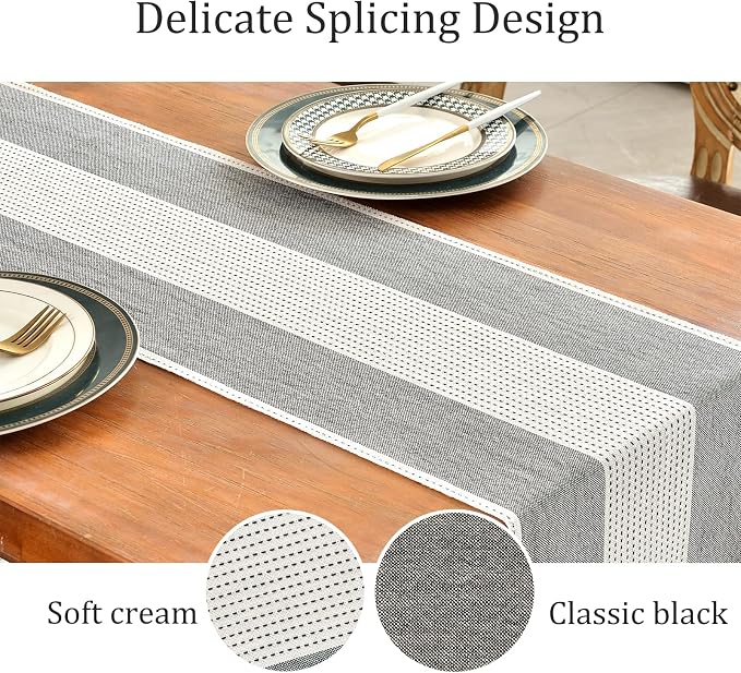 Wracra Linen Table Runner, Stripe Table Runners 108 Inches Long Black | - Image 3
