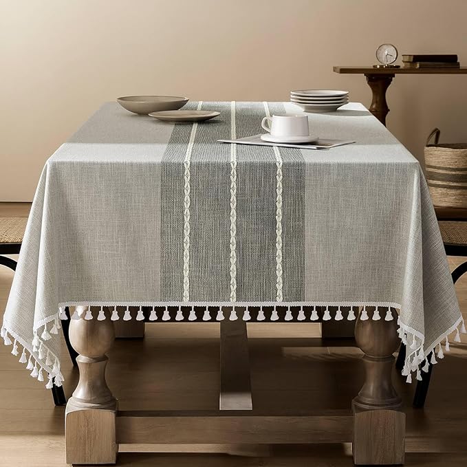 ZeeMart Contrast Linen Table Cloth Rectangle Table Cloths 52x70 Inch Grey, Farmhouse Style Heavy Weight Grey Tablecloth, Water Resistant Burlap Tablecloths