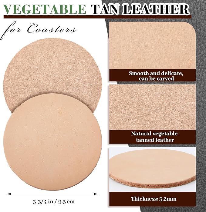 Bulyoou 50 Pcs Round Vegetable Tan Leather Coaster 3-3/4" Circular Tooling | - Image 2