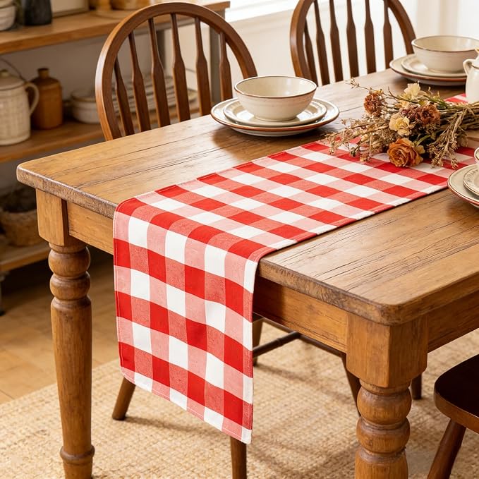 ShinyBeauty Red & White Buffalo Plaid Runners 120 inches Long Classic Farmhouse by ShinyBeauty