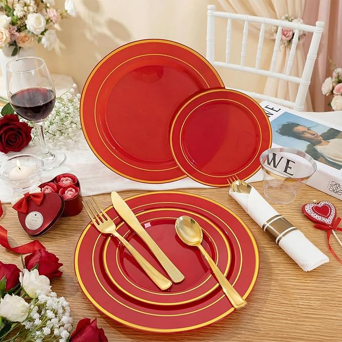 350Pieces Red Plastic Plates with Gold Rim Include 50Dinner Plate 10”, 50Dessert Plate 7”, 50 gold Cups 9 OZ, 50 Pre Rolled Napkins for Party Valentine's Day