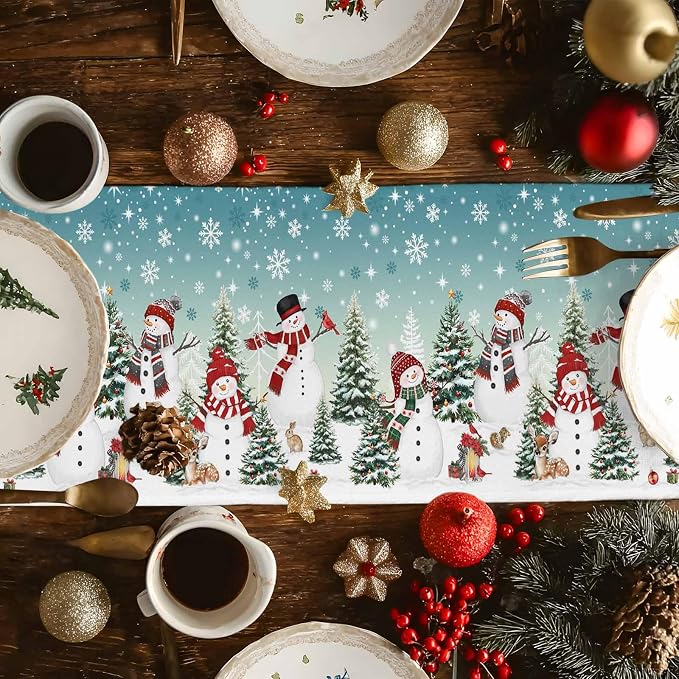 Teal Christmas Snowman Table Runner 90 Inches Long, Xmas Trees Snowflake Table - Image 4