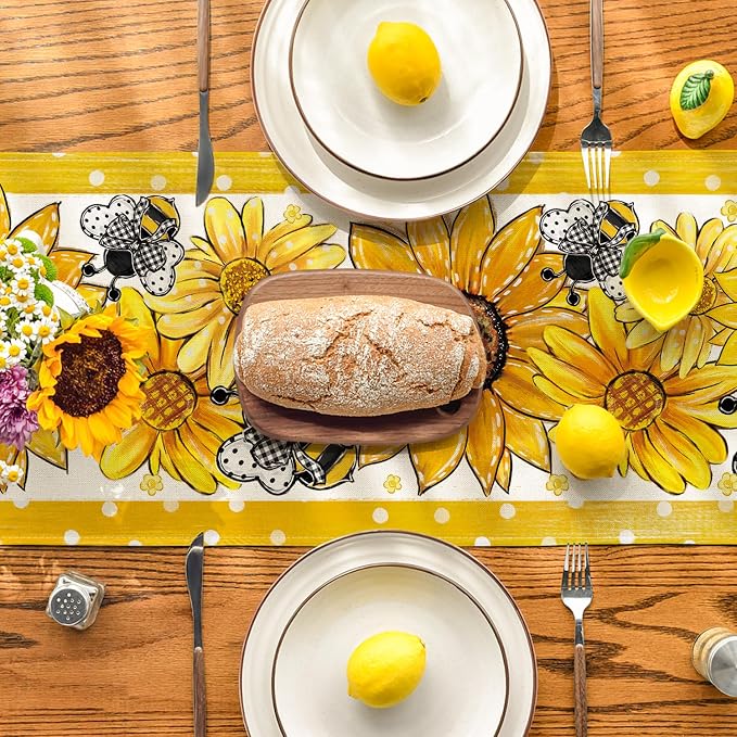 Artoid Mode Sunflower Bee Flower Polka Dot Summer Table Runner, Seasonal - Image 3