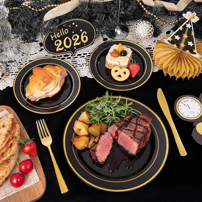 175PCS Black and Gold Plates - Black Disposable Plates for Party - 25Guests Disposable Dinnerware Set for New Year/Wedding
