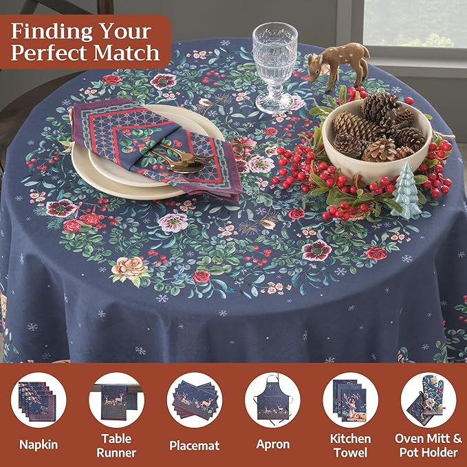 Maison d' Hermine Table Cloth Round Table 100% Cotton 69 Inches Fall Tablecloth Reusable Everyday Use for Thanksgiving Christmas Decorations Dining Farmhouse Party (Christmas Joy)