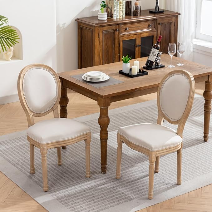 Ball & Cast French Vintage Upholstered Dining Chairs Set of 2, Farmhouse Antique Painting Wooden Kitchen Side-Chairs with Carved Solid Wood Frame, 2-Piece Curved Backrest Louis Chair, Linen Beige