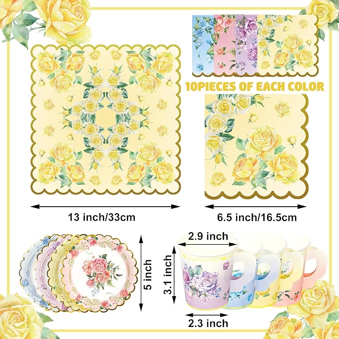 40 Set Floral Tea Cups and Saucers Disposable Tea Party Supplies Colorful - Image 2