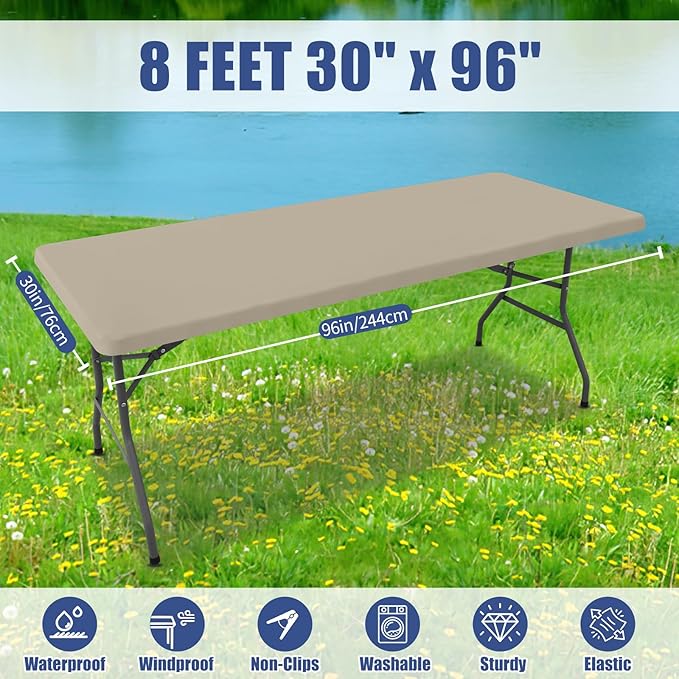 Spandex 8 Foot Rectangle Table Cloth 2 Pack, Elastic Fitted Tablecloths for Picnic, Stretch Washable Patio Table Cover for Outdoor, Camping, Banquet and Parties (Taupe, 30"x96")