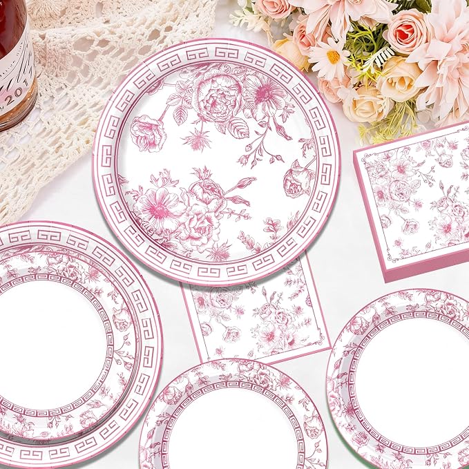 60Pcs Pink Floral Paper Plates and Napkins Party Supply, Serves 20 | Disposable - Image 3